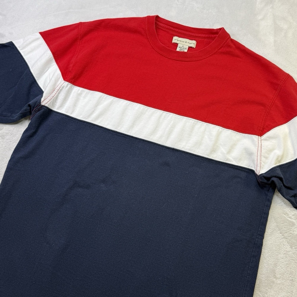 Preswick & Moore Colorblock T Shirt Mens L Red White Navy 100% Cotton Retro VTG